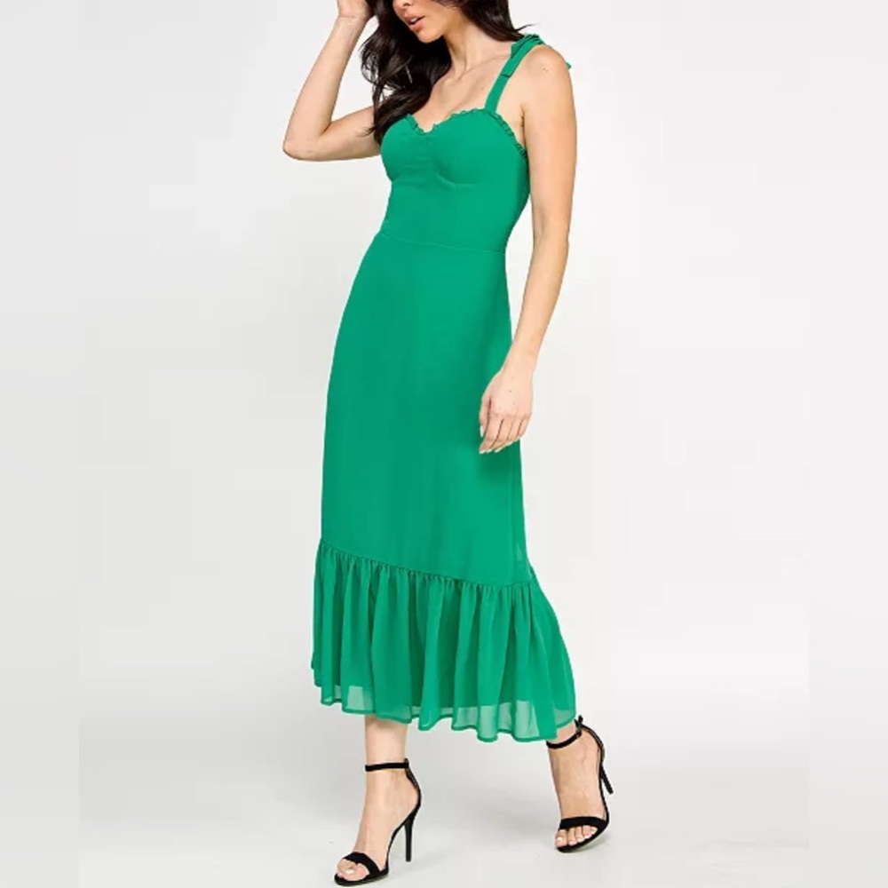 City Studio Juniors' Ruffled Tie-Strap Midi Green Dress - Picture 2 of 7